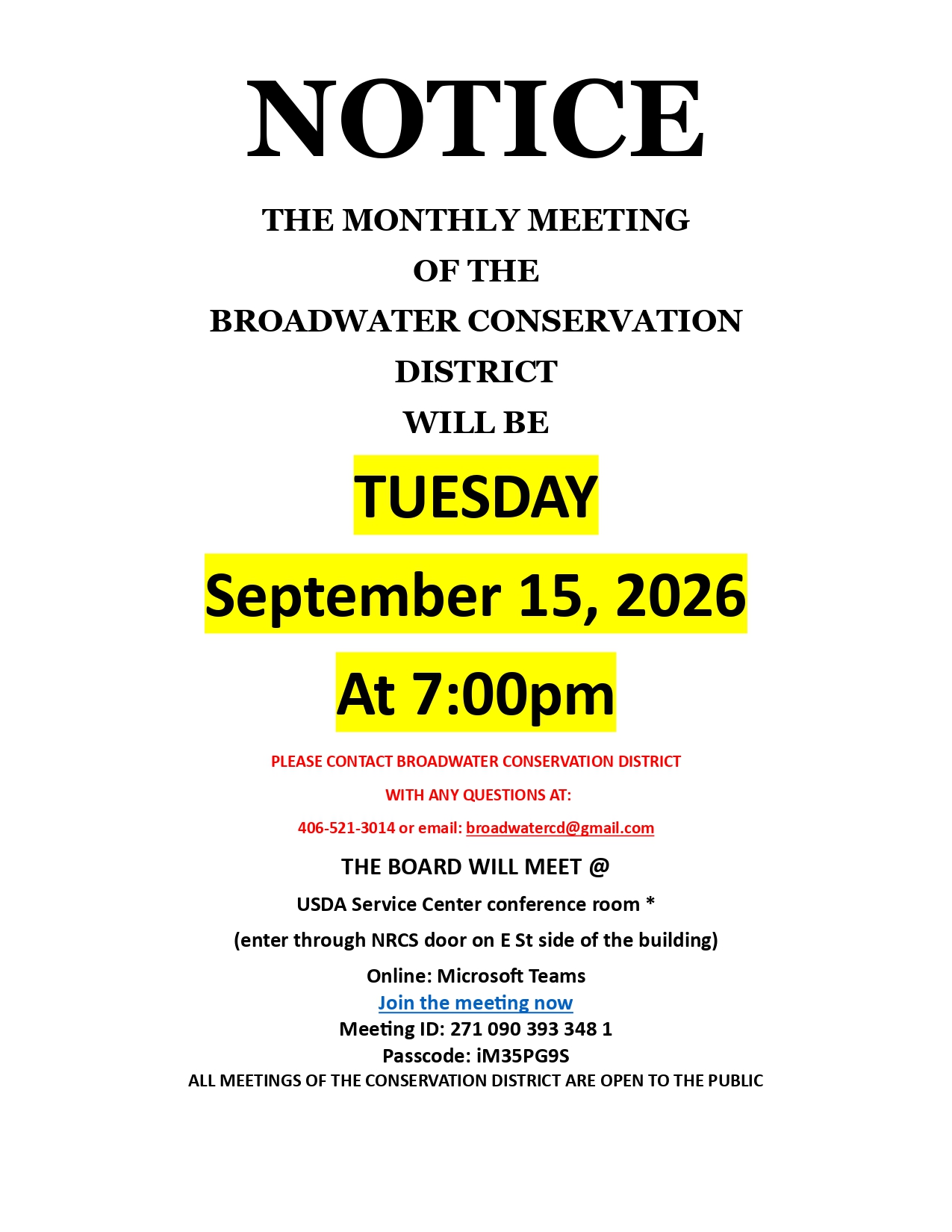 Notice of the monthly meeting of Board Supervisors, for September 2026: September 15 @ 7:00pm, online or in person.
